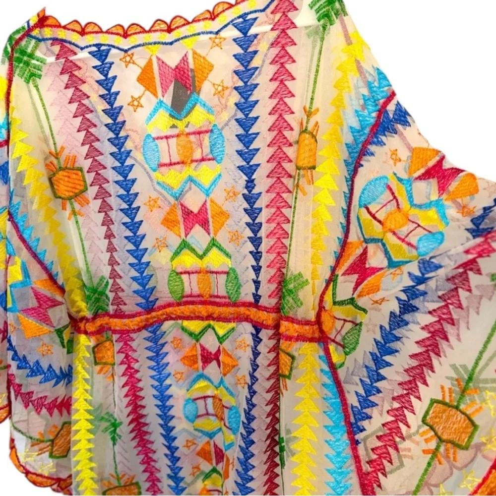 Rainbow Embroidered Cotton Mesh Short Kaftan, Tunic, With Cinch Tassel Tie NWT